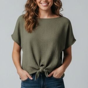 NWT XS Monk & Lou 100% Cotton Tie-Front Textured Casual Shirt Luna Top - Khaki